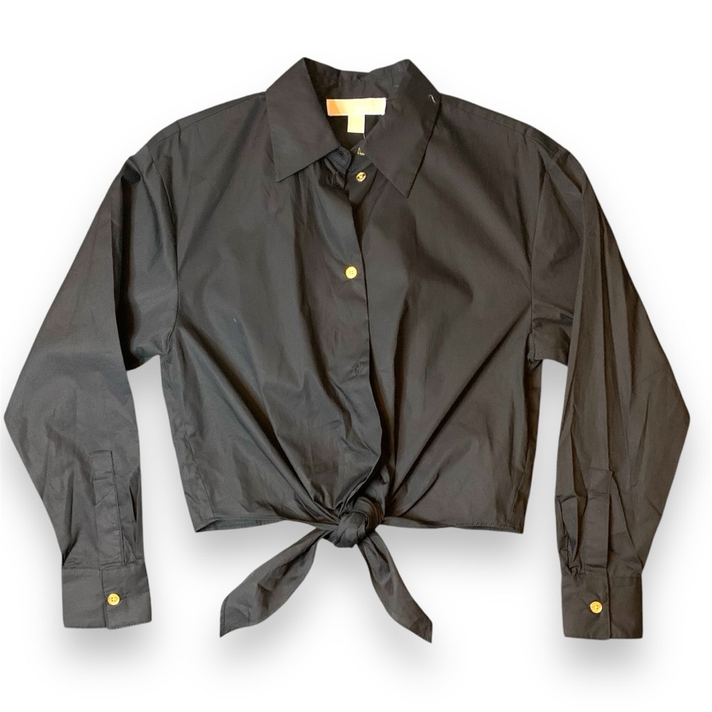 Michael Kors Women's Poplin Tie Shirt, Black, P/XS
